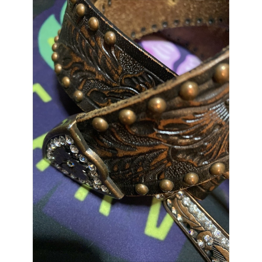 Designer rhinestone Western leather belt 44 inches and smaller Cowgirl D1 - Picture 2 of 4